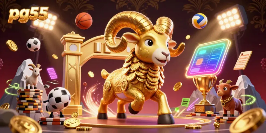 Experience thrilling action with the golden ram at pg55 casino amidst flying sports elements and lavish ambiance.