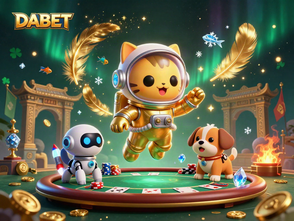 DABET offers a dynamic poker scene with a space-themed cat and robot, showcasing engaging betting excitement.