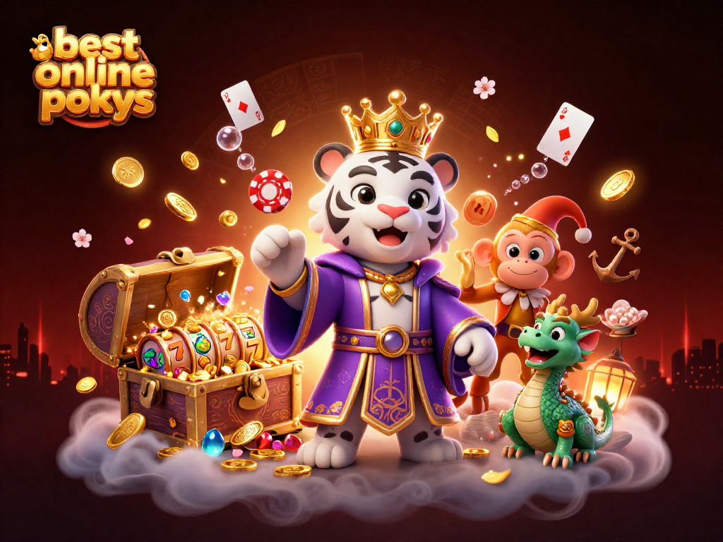 Experience the best online pokies with our vibrant 3D depiction of a tiger, monkey, and jade dragon.