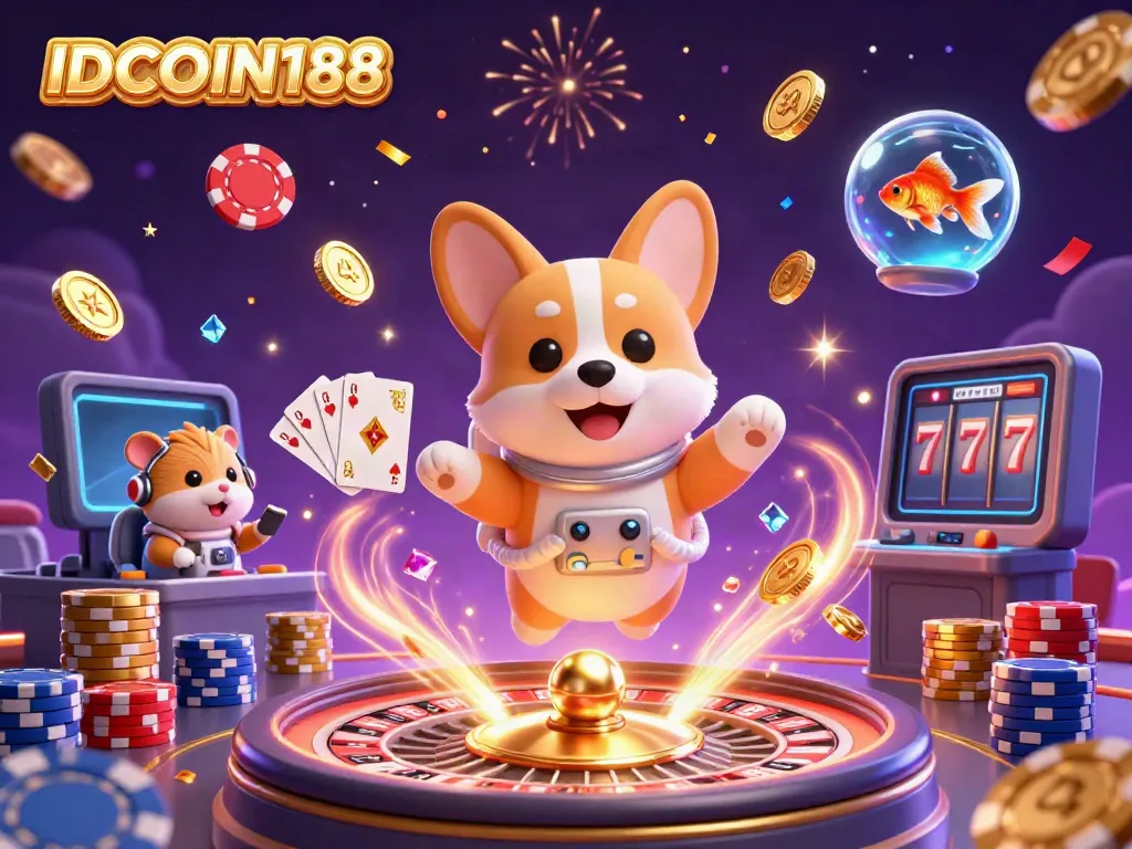 Experience excitement at IDCOIN188 with floating coins and vibrant games in this 3D casino scene.