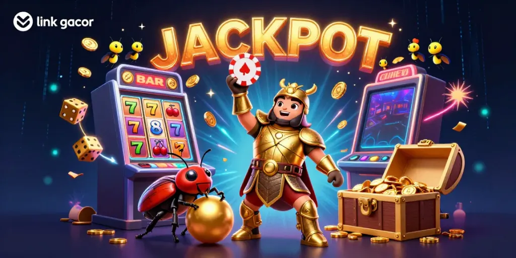Celebrate a jackpot with a vibrant illustration featuring a heroic beetle amidst casino magic, showcasing "link gacor".
