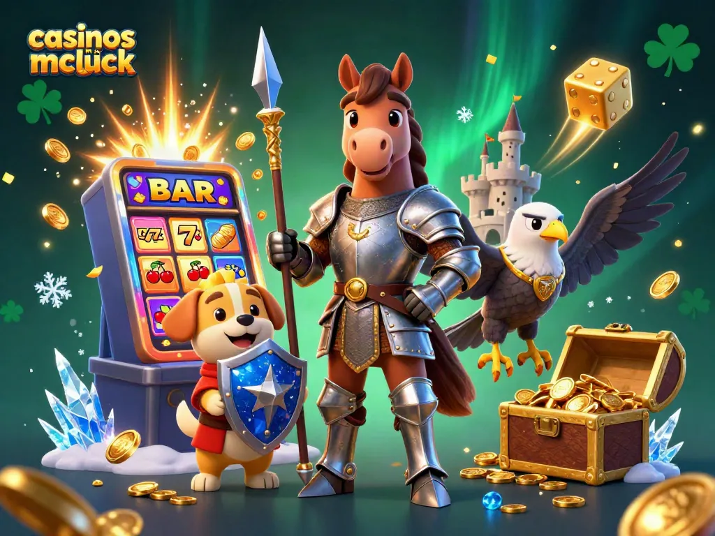 Engage in thrill with casinos like McLuck, featuring knights and jackpots in dynamic gaming scenes.