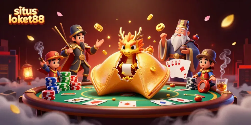 Join the excitement at situs loket88 with a dynamic casino scene featuring a golden fortune cookie and poker elements.