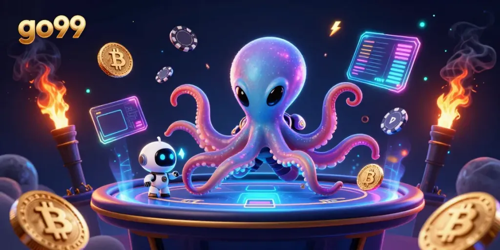 Experience go99 casino excitement with a vibrant 3D octopus dealer at a holographic poker table.