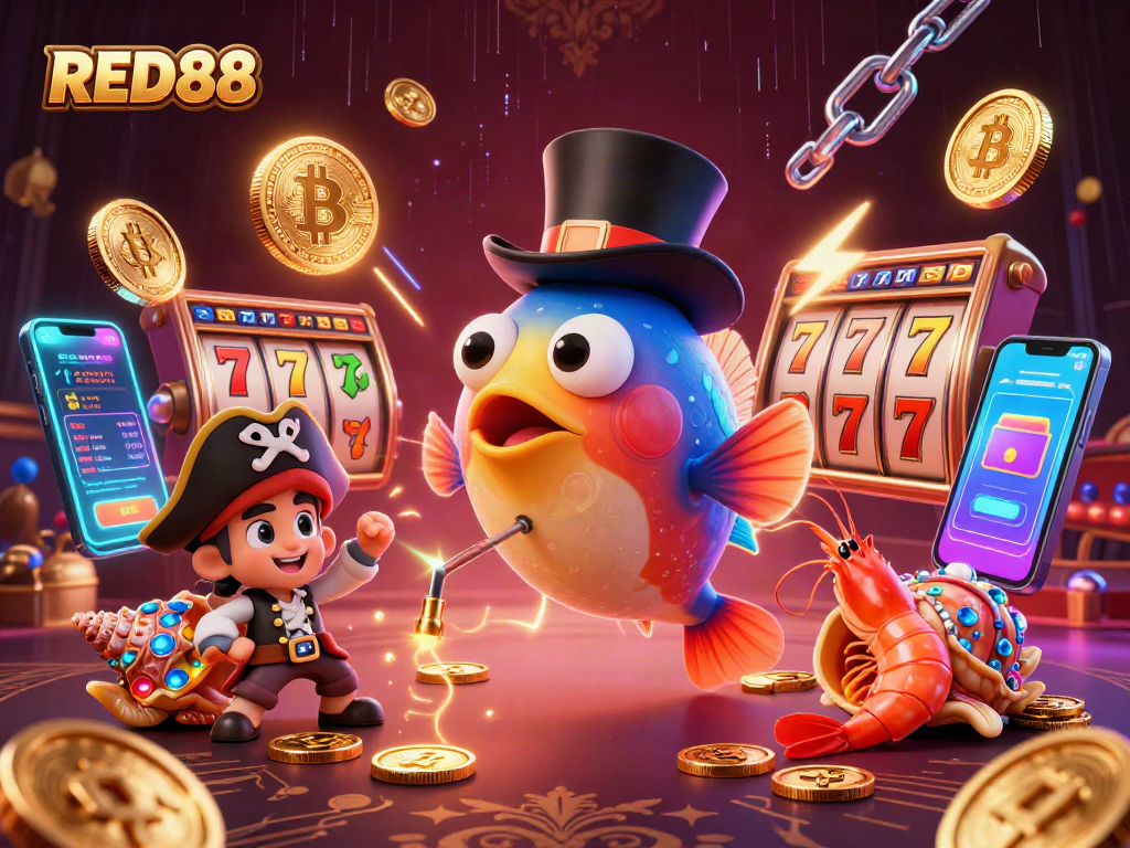Win big with RED88 in this vibrant and dynamic casino scene featuring animated characters.