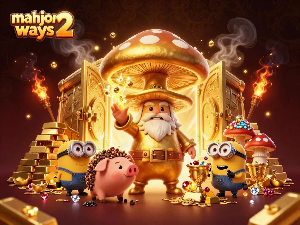 Win big with Mahjong Ways 2, featuring a golden wizard and treasure-filled scene.