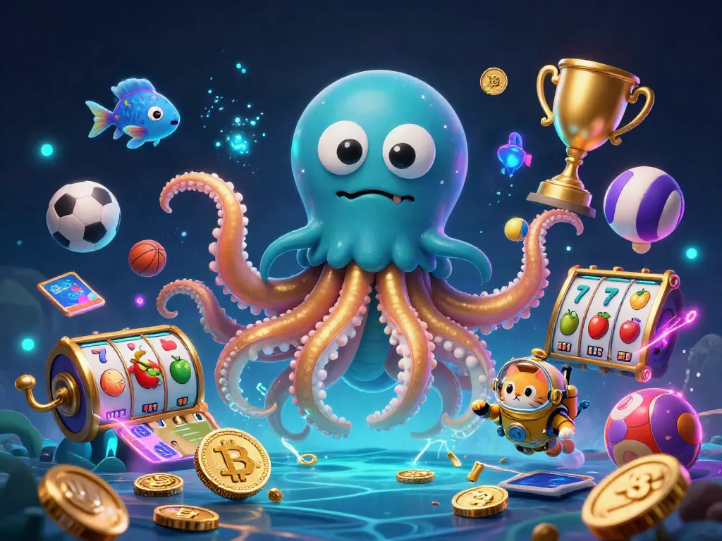 Engage with the crypto casino experience amidst a vibrant underwater scene featuring a kraken, a diving cat, and gold coins.