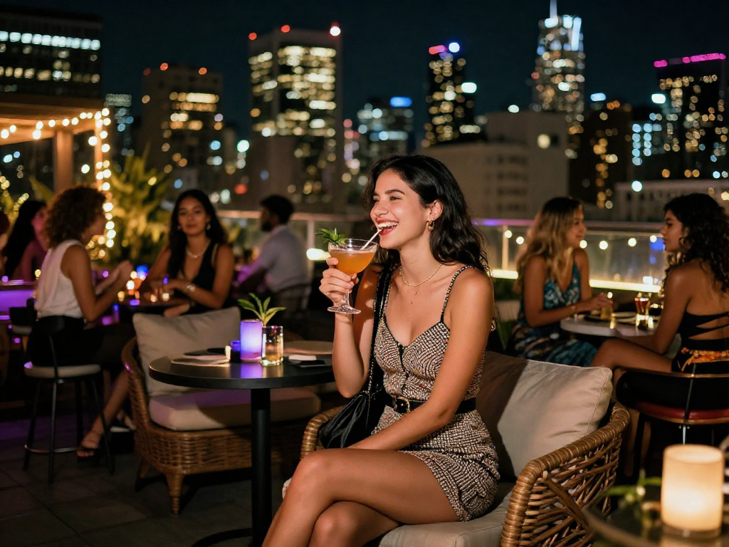 Gái gọi tận hưởng buổi tối tại quán bar rooftop sang trọng với bạn bè.