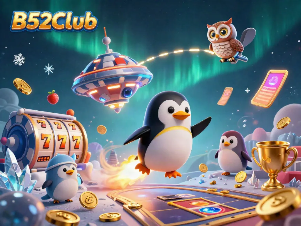 B52CLub invites players to experience exciting casino fun with a rocket-powered penguin and golden coins.