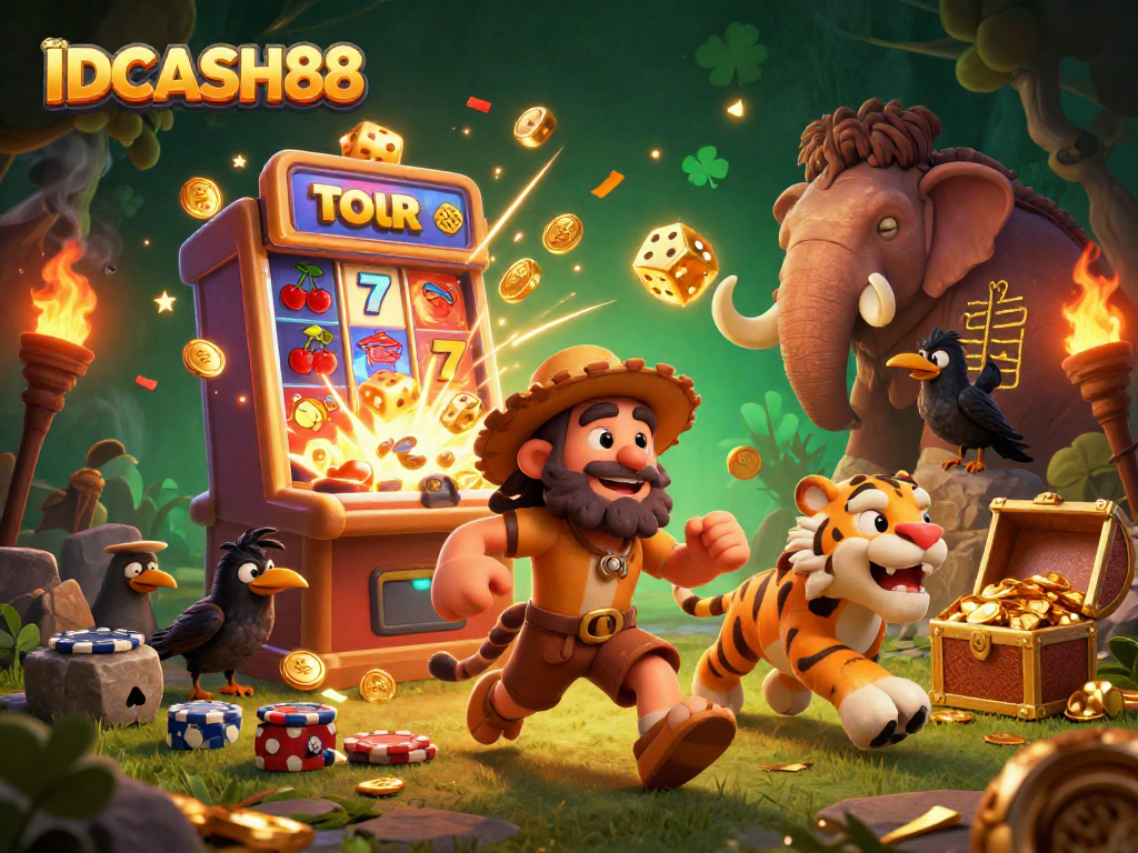 Experience excitement at IDCASH88 with a thrilling prehistoric casino scene featuring dynamic characters and vibrant game elements.