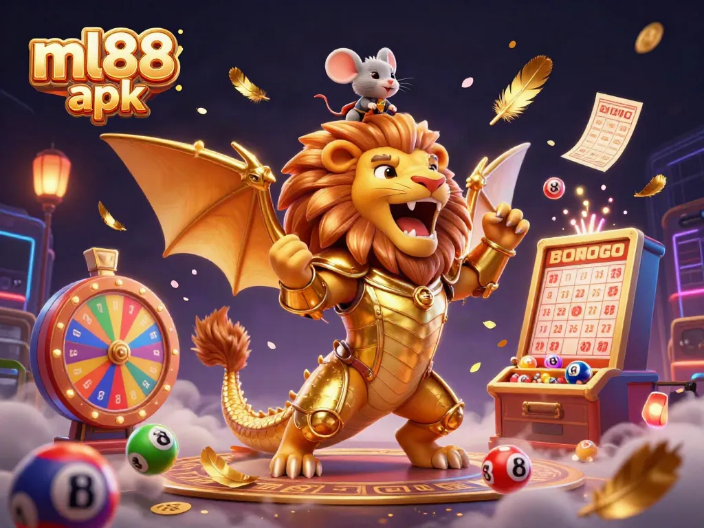 Engage in thrilling gaming with ml88 apk, featuring a majestic chimera, vibrant lottery elements, and dynamic gaming action.