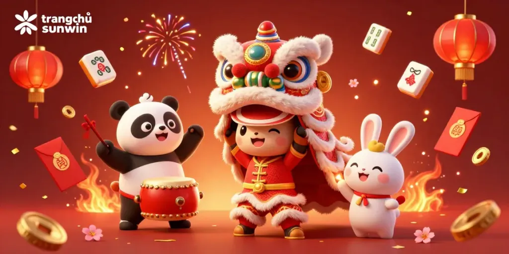 Engage in the colorful world of trang chủ sunwin with a vibrant 3D illustration of a festive lion dance, celebrating gambling excitement.