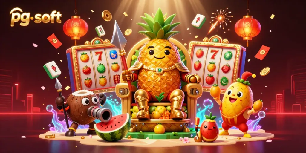 Engage in dynamic gameplay with pg soft featuring a golden pineapple king in a vibrant casino scene.