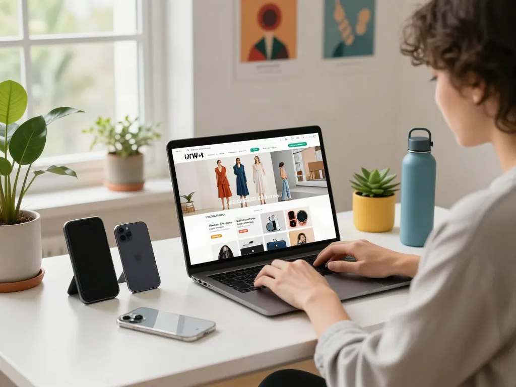 Engaging online shopping with peh888 on a stylish desk surrounded by trendy items.