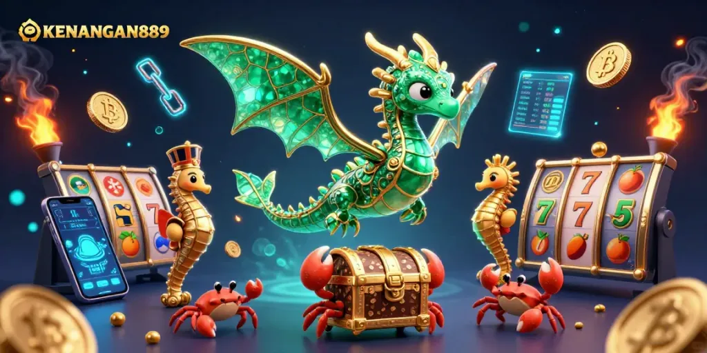 Spin to win at KENANGAN889 with an enchanting visual of a sea dragon and treasures