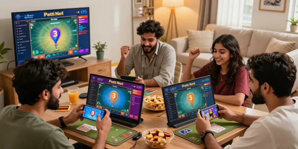 Players enjoying 3 Patti No1 card games in a vibrant digital gaming environment with real-time interactions.