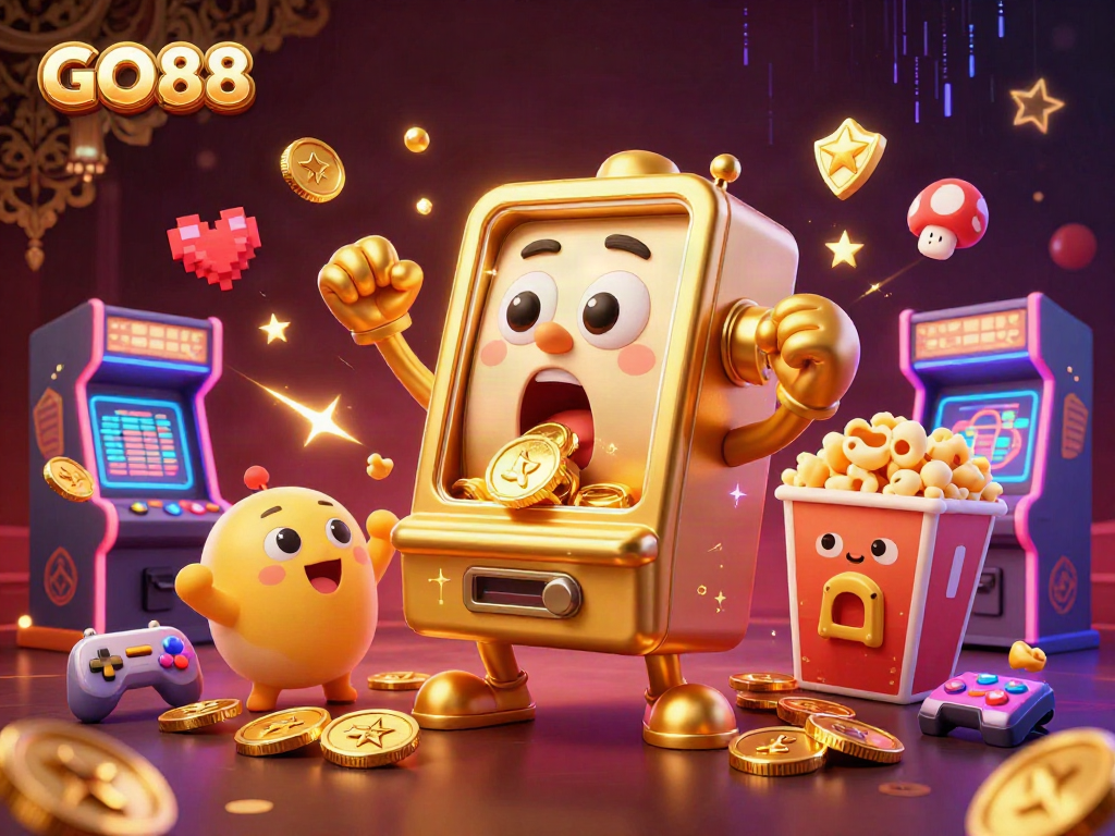 Engage with GO88 as a golden slot machine hits a jackpot, surrounded by cheering baby slots.