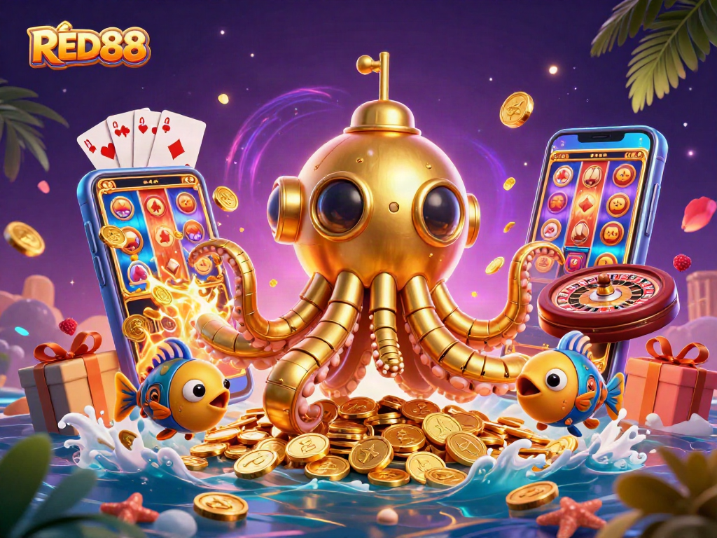 Engage with exciting casino action at RED88, featuring vibrant slot games, golden coins, and immersive 3D details.