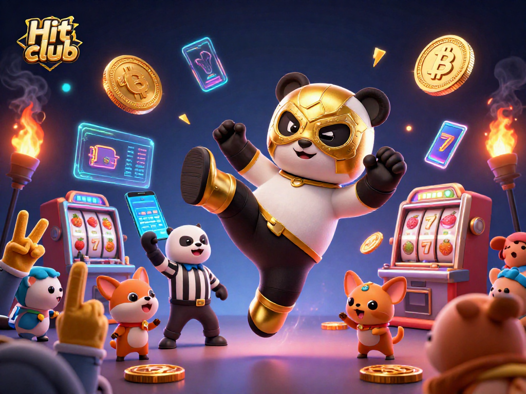 Experience the excitement of Hit club as a wrestler panda kicks while crypto coins fly!