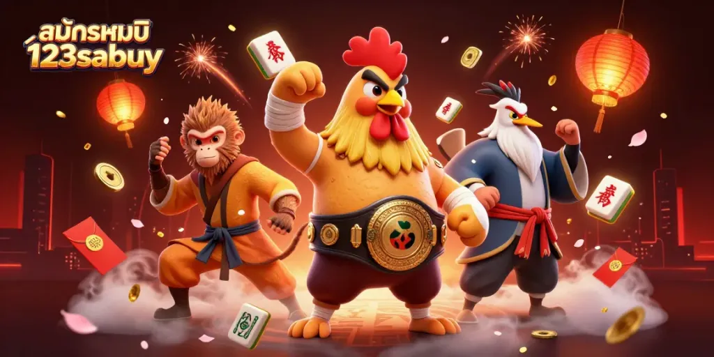 Engage with สมัครสมาชิก 123sabuy by joining a vibrant online casino scene featuring lively characters and game elements.