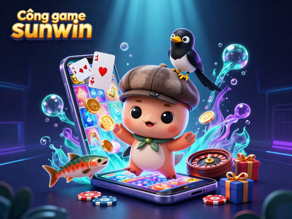 Cổng game sunwin showcases exciting gameplay with cartoon characters and vibrant slot machines.