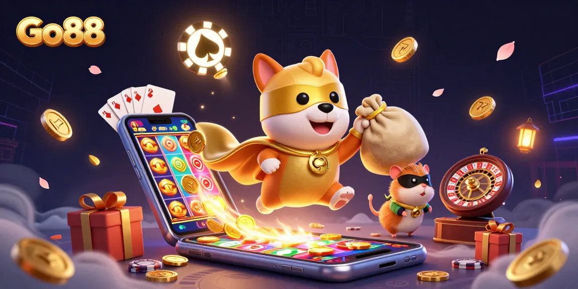 Experience the excitement of Go88 with a superhero dog flying through a vibrant casino scene.