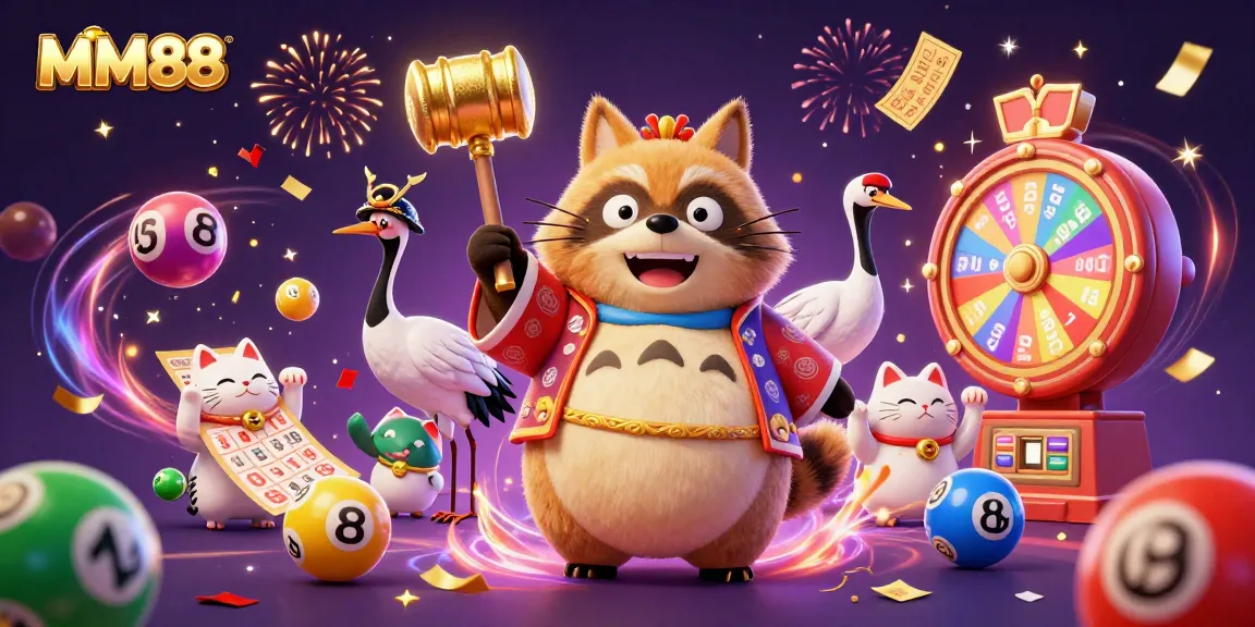 Engage with MM88's vibrant gaming experience featuring a cheerful tanuki and fortune cats!