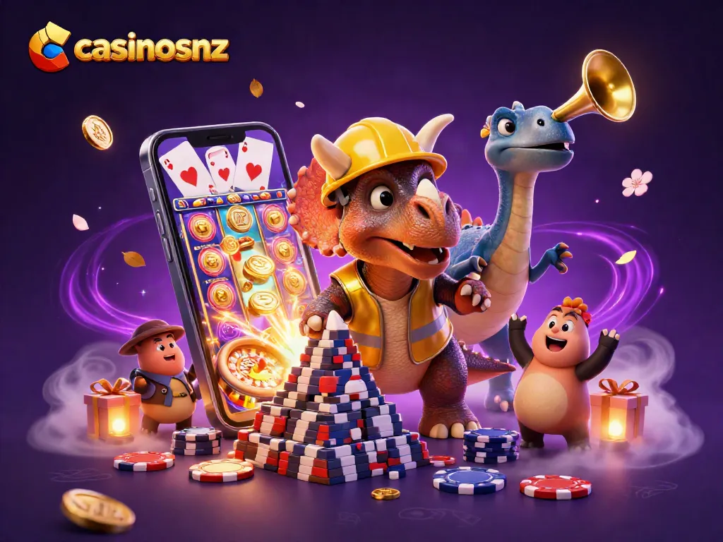 Experience the lively scene of casinosnz with a triceratops building poker chips and vibrant casino games around.