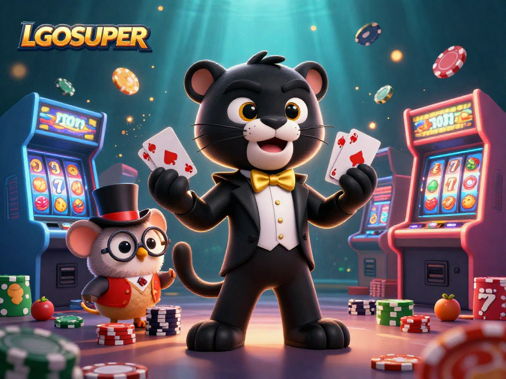 Experience the excitement of LGOSUPER with a stylish panther, owl, and mouse amidst vibrant casino elements.