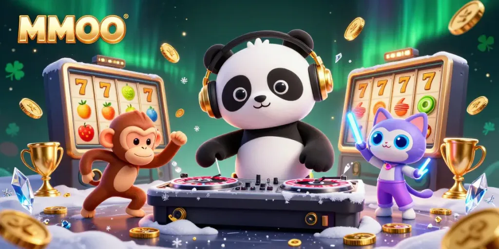 Experience thrill with MMOO in a vibrant casino scene featuring a DJ panda, dancing monkey, and rave kitten.