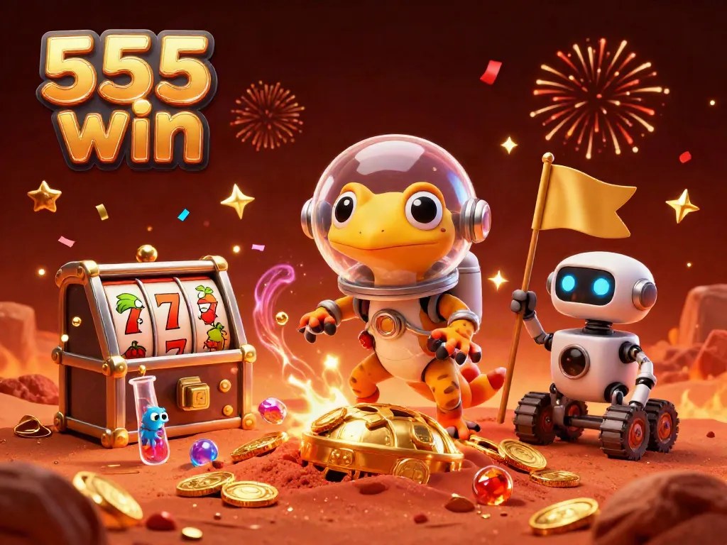 Win big with 555 win in a vibrant, imaginative casino scene featuring Martian characters.