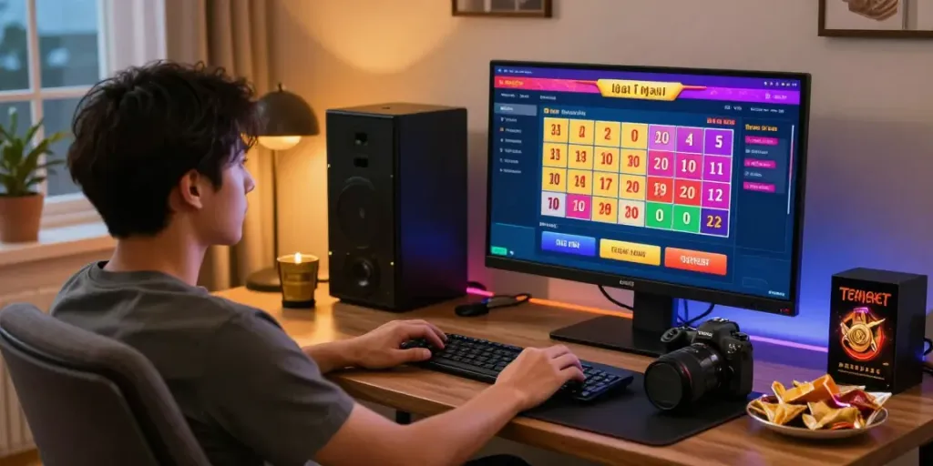 Engaging online gaming scene with a player enjoying toto togel at home, warm lighting, and modern setup.