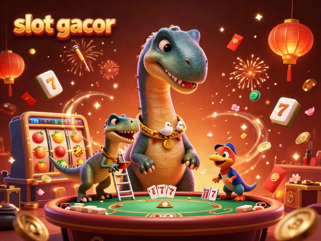Experience thrilling action with slot gacor as a cartoon dinosaur looms over a lively casino scene.