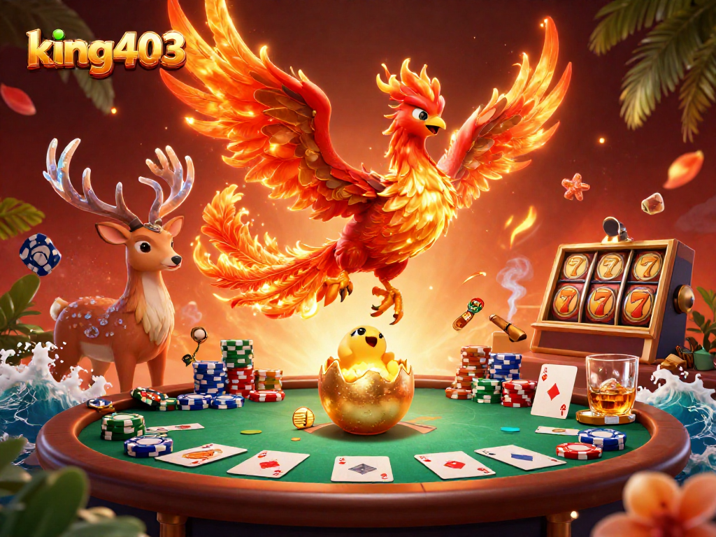 Experience thrilling action at king403 with a vibrant 3D casino scene showcasing poker chips and lucky symbols