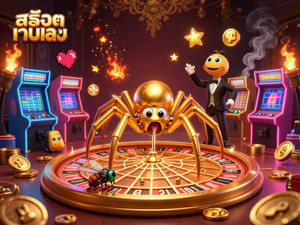 Spin big wins with สล็อตเว็บตรง - a golden web roulette scene featuring 3D characters and vibrant casino elements.