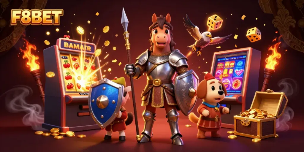 Experience excitement at F8BET with a dynamic casino scene featuring epic characters and a jackpot explosion.