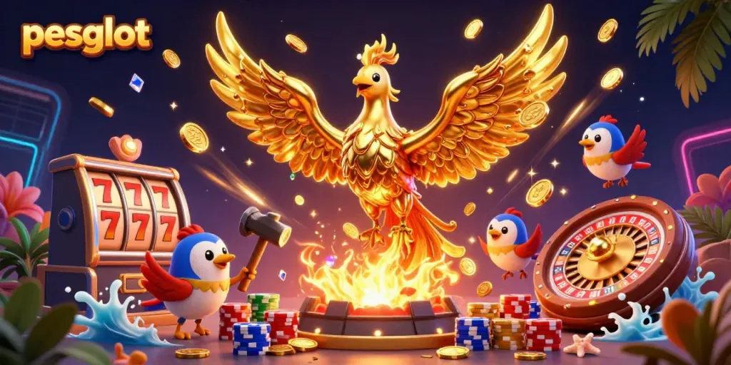 Menggambarkan pesgslot dengan phoenix emas bercair dan simbol slot, menciptakan suasana kasino yang mengesankan.