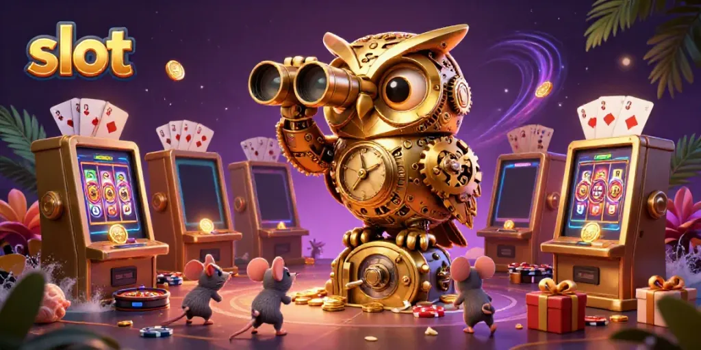 Engaging casino scene with a cartoon golden owl and mice around vibrant slot machines, showcasing energizing gameplay.