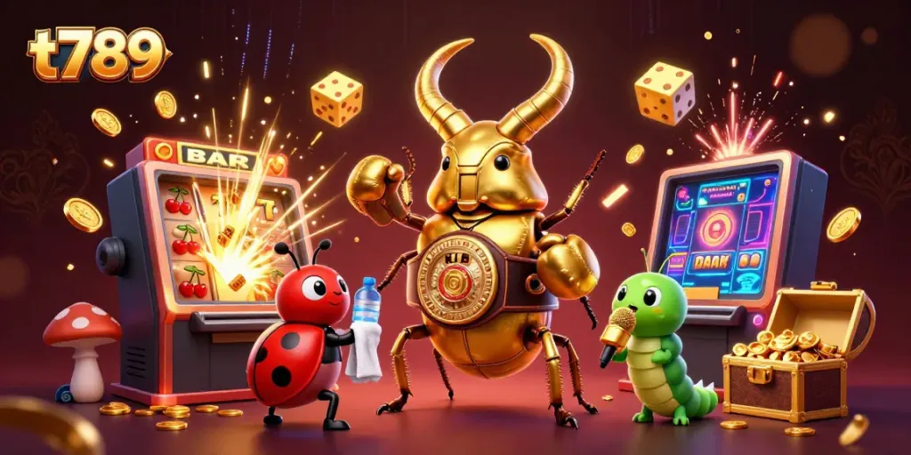 Experience thrilling gaming at t789 with a vibrant casino scene featuring exciting characters and jackpots.