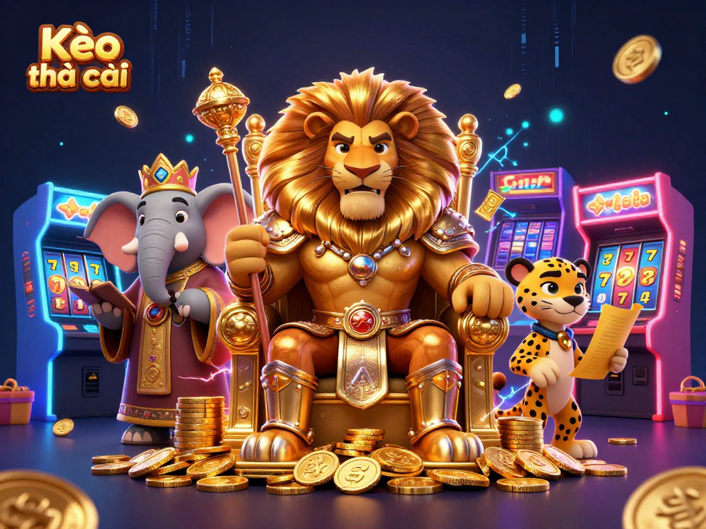 Kèo nhà cái showcases a royal lion king surrounded by arcade sports betting elements in a vibrant casino scene.