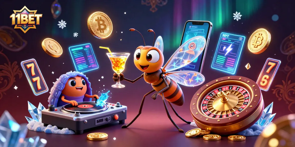 Place bets with 11BET in a lively casino scene featuring appetizing icons and game elements.