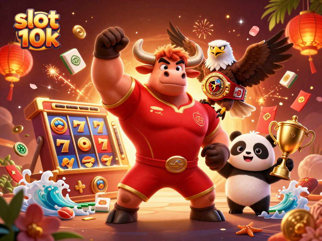 Play and win with slot 10k, featuring vibrant 3D cartoon characters and casino elements.