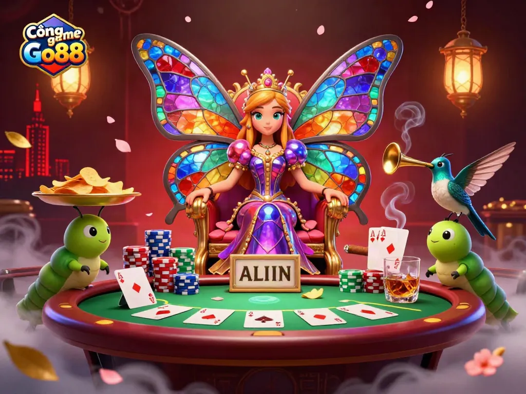 Cổng game Go88 illustrated scene with a butterfly queen, poker elements, and vibrant colors.