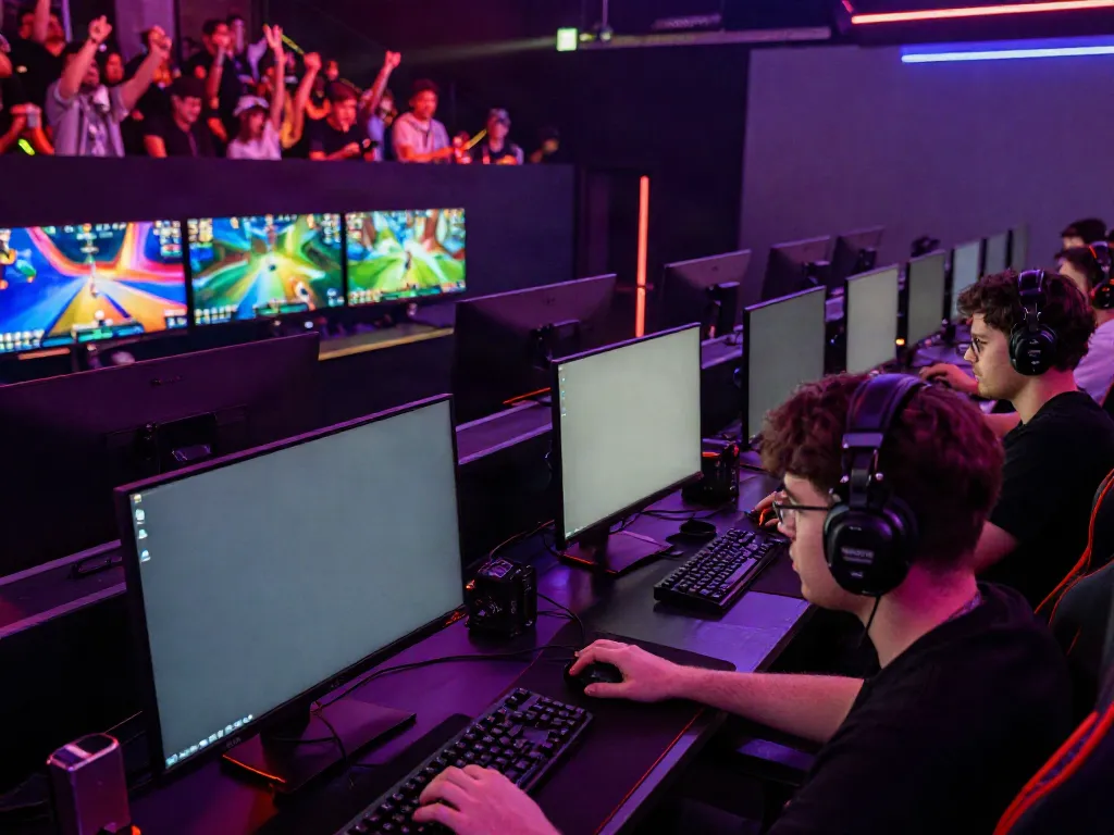 Esports gaming arena showcasing intense competition with juraganbola themes.