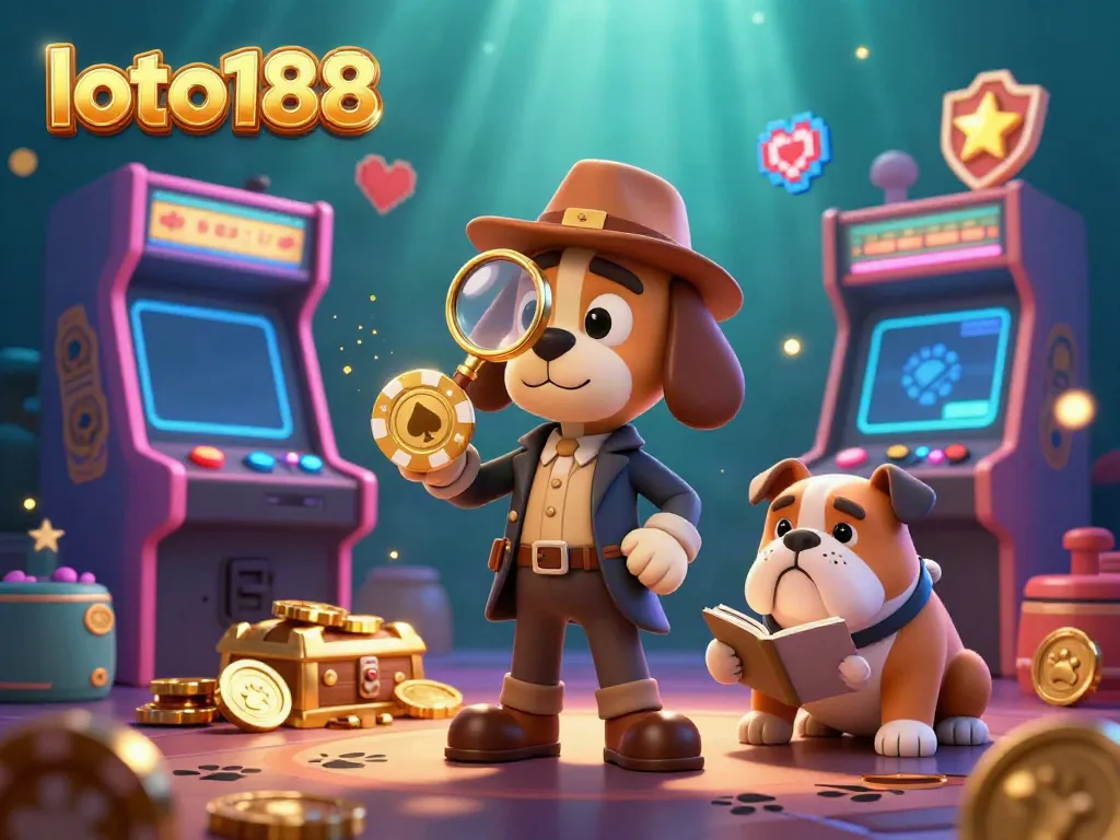 Join loto188's thrilling adventure as a detective and bulldog uncover casino treasures in a vibrant scene.
