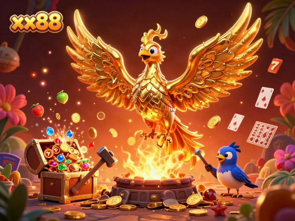 Experience the thrilling scene of xx88 with a golden phoenix surrounded by vibrant casino elements.