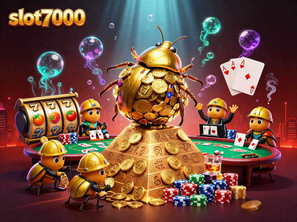 Engage in the slot7000 experience with a vibrant 3D scene of golden beetles amongst slot reels and poker chips.