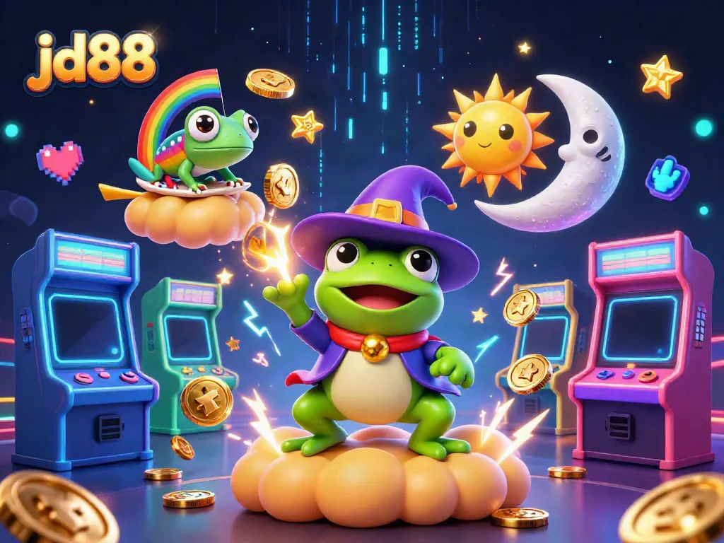 Experience thrilling wins at jd88 with a vibrant casino-themed 3D illustration featuring exciting game elements.