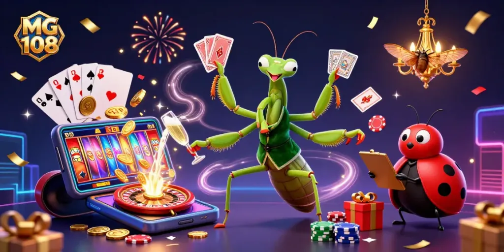Melihat mg 108, mantis raksasa mengacak kartu dan chip di kasino, dikelilingi elemen judi menarik.