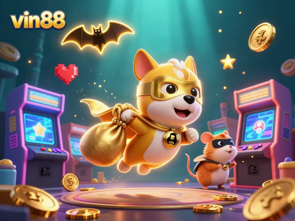 Experience thrilling wins at vin88 with a vibrant 3D casino scene featuring our superhero dog and colorful game elements.